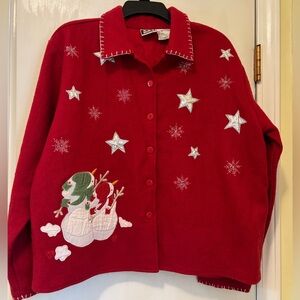 Vtg Take Two Womens Christmas Jacket Red Wool Blend Snowman Embroidered Size XL